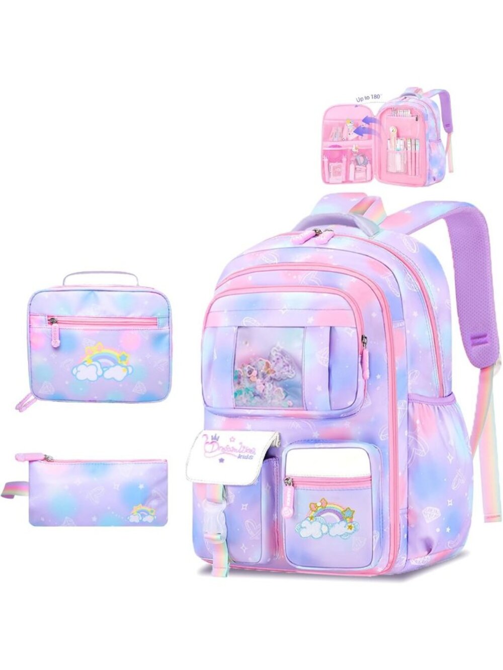 Vibrant Purple Rainbow 3-Piece Girls Backpack Set | Stylish School Bag